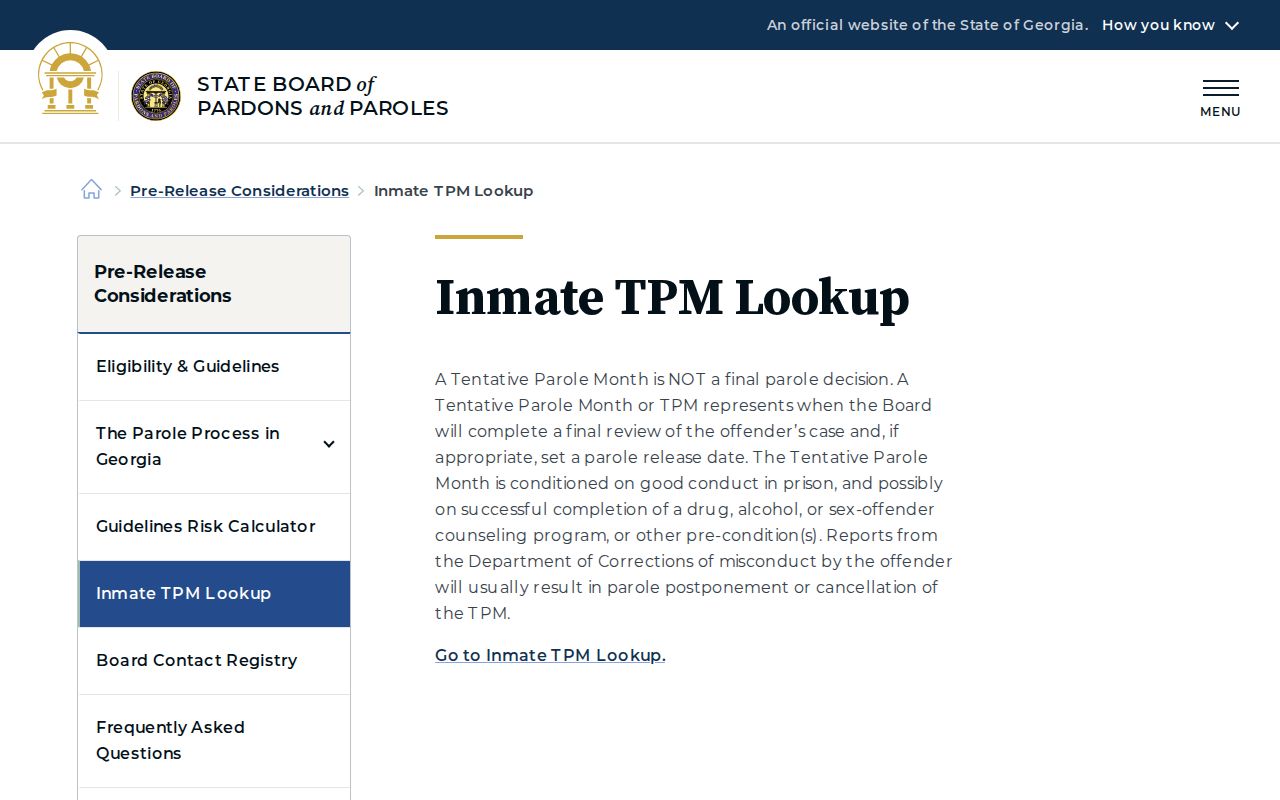 Georgia parole TPM lookup for Morgan County release date research